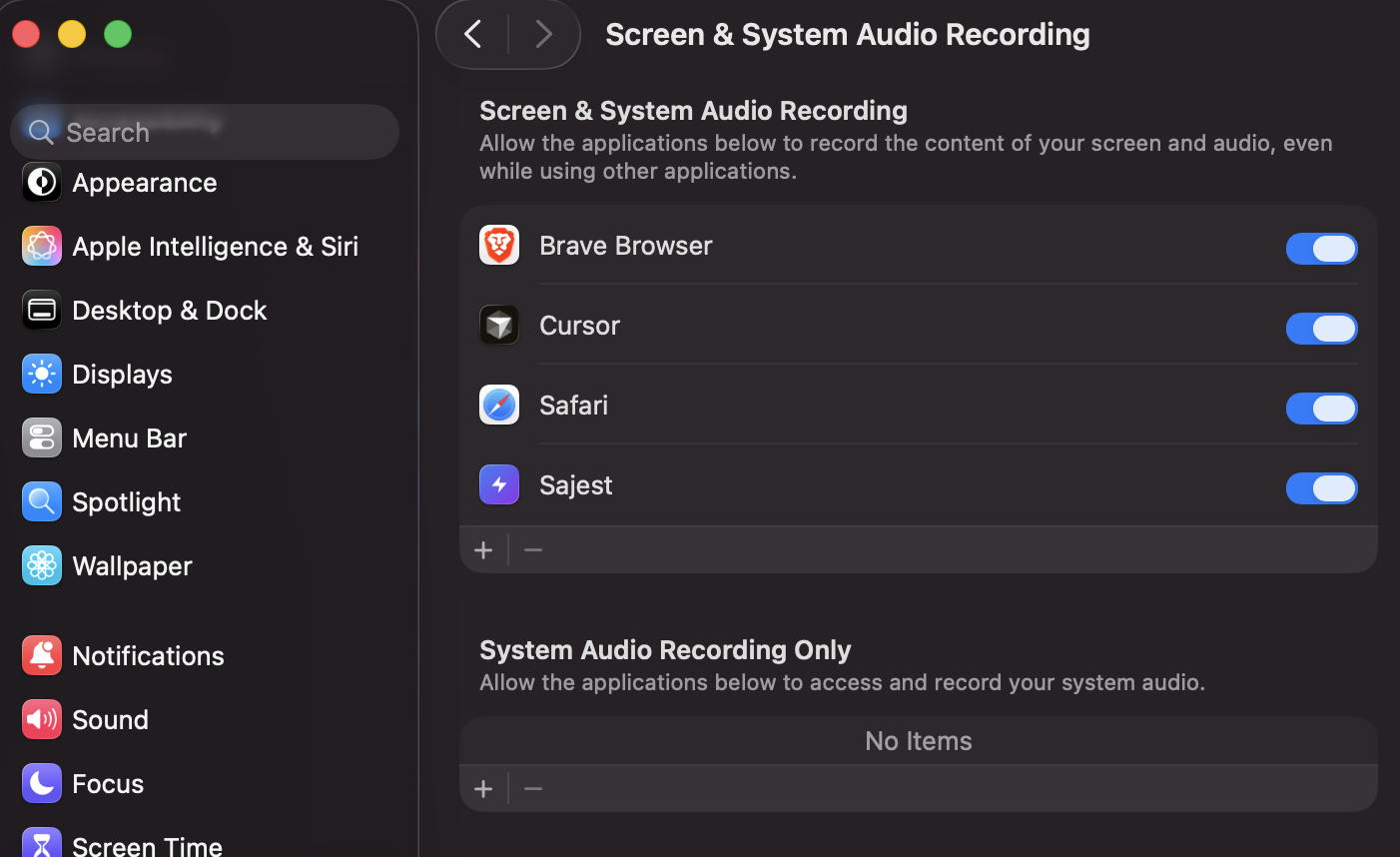 macOS Screen & System Audio Recording — Sajest toggle enabled