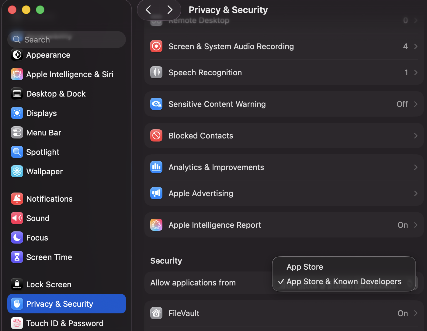 macOS Privacy & Security — Allow applications from App Store & Known Developers