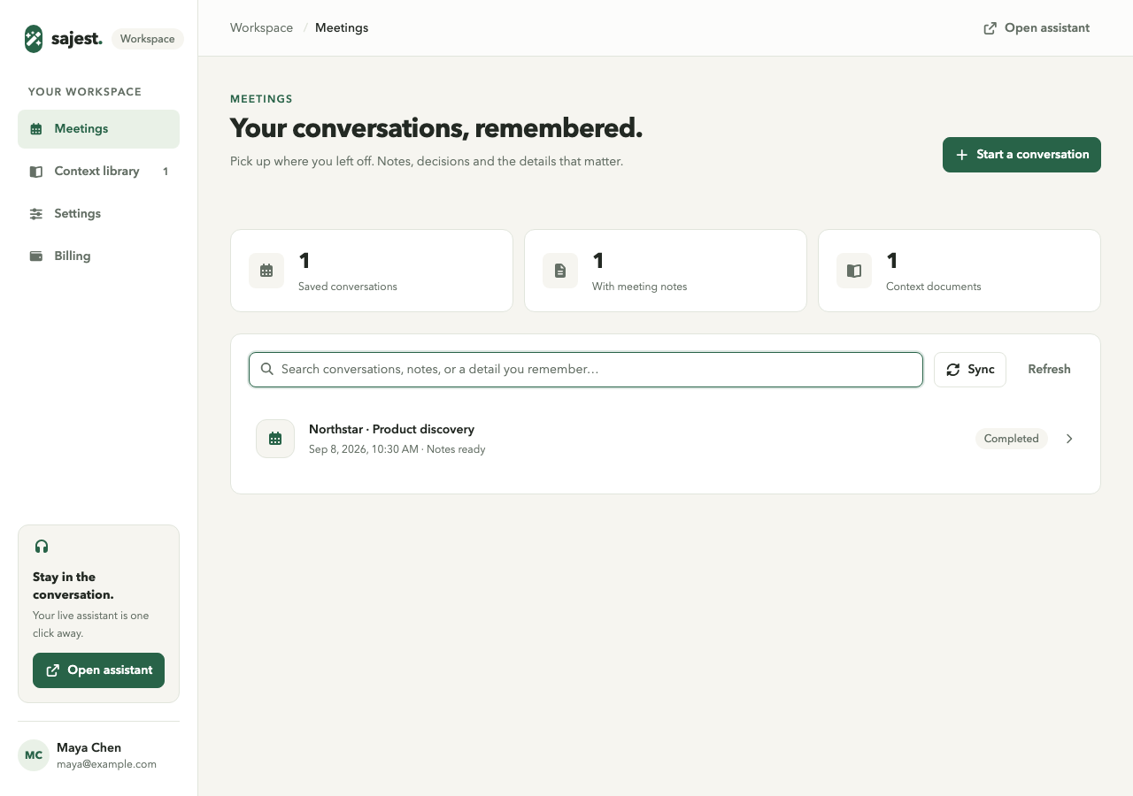 Sajest's updated workspace with meeting search, saved conversations, context library, settings and billing navigation. Demonstration account.